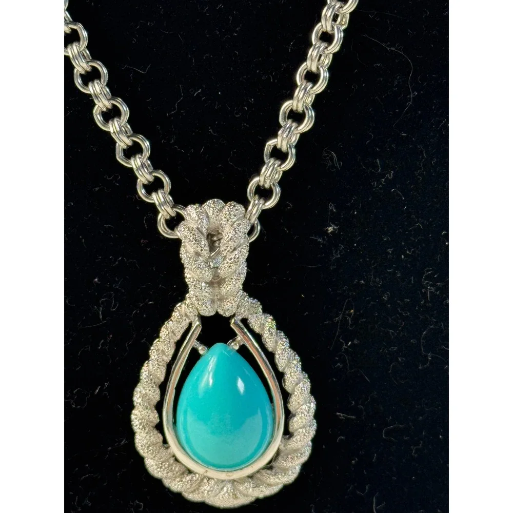 AVON Silver Tone Teardrop Turquoise Pendant‎ Necklace Chain Layered vtg